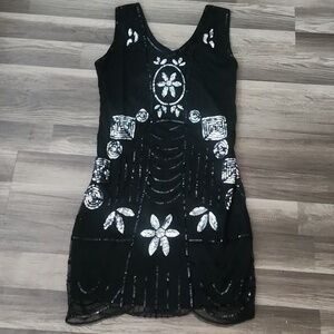 1920's / Gatsby/Art Deco Flapper Dress sz Large/XL . Blsck & Silver HALLOWEEN